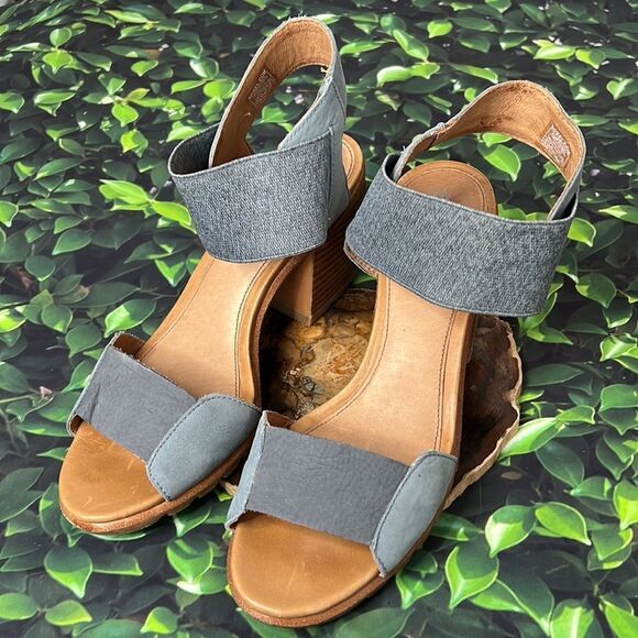 Sorel steel, blue and brown large, chunky sandal heel - Picture 3 of 9